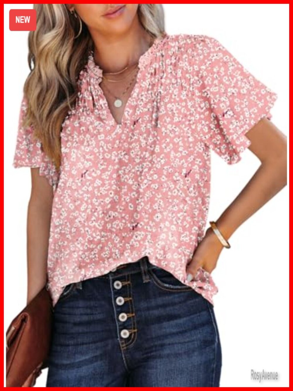 Women's Floral Print Smocked Back V-Neck Short Sleeve Chiffon Blouse Boho Top